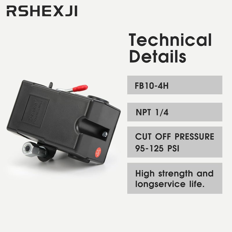 RSHEXJI Air Compressor Pressure Switch FB10-4H, 4 Port 1/4" NPT, 95-120 PSI Pressure Control Switch for Air Compressor Parts Replacement, Central Pneumatic, Husky, Campbell Hausfeld Compatible - Image 5